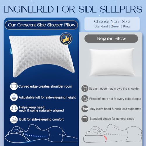 Side Sleeper Pillows for Neck & Shoulder Comfort - Curved Crescent Design, Adjustable Shredded Memory Foam, Cooling & Soft Cover, Extra Fill Included, Queen Size Set of 2