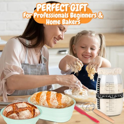 Complete Sourdough Bread Starter Kit with 35OZ Jar, All-in-One Sourdough Starter Kit, 2 Silicone Proofing Baskets, Non-Stick Baking Mat & 15-Piece Baking Tools Set - Includes Dough Scraper, Lid & More