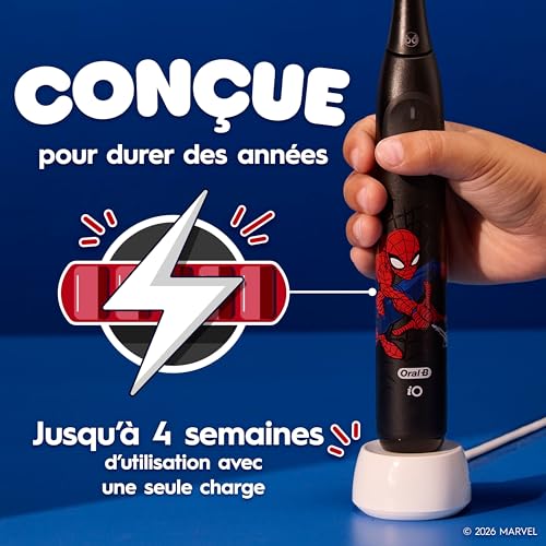 Oral-B iO Kids Rechargeable Electric Powered Toothbrush, Spiderman with 1 Gentle Care Brush Head - Automatic Pressure Sensor to Protect Gums - 3 Cleaning Settings - 2 Min Music Timer - 28 Day Battery Life