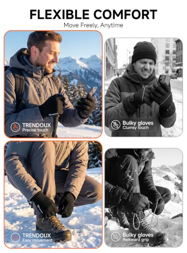 TRENDOUX Winter Gloves for Men Women - Unisex Knit Touch Screen, Thermal Warm Lining - Black-L