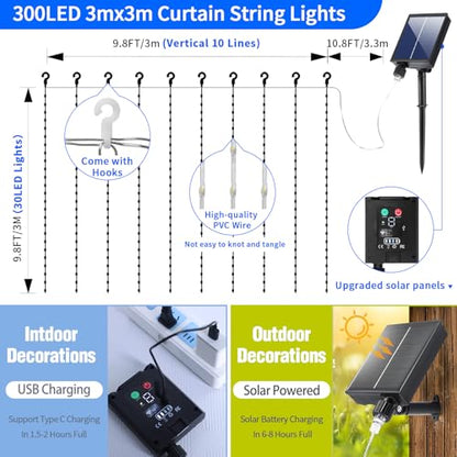 QLIRJAD Solar Curtain Lights Outdoor Waterproof 300LED Waterfall Light with 8 Modes Remote USB Rechargeable Dimmable Timer Twinkle Fairy String Lights for Outdoor Christmas Gazebo Wedding Window