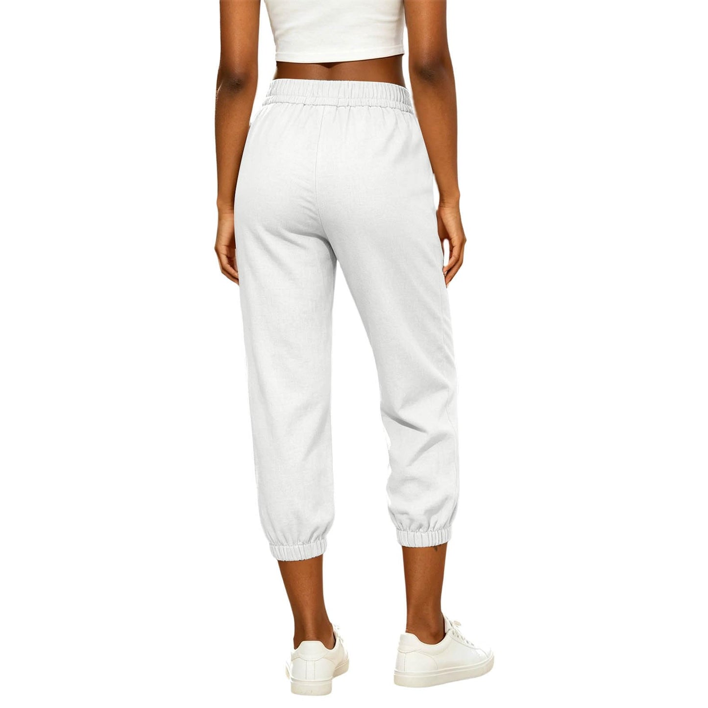 Athletic Joggers for Womens Elastic Waist Linen Capri Pants Ankle Cuffs Sweatpants Baggy Lounge Trousers with Pockets White