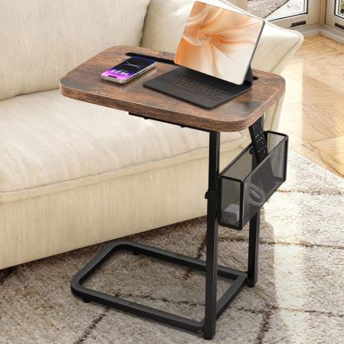 C Table End Table Adjustable Height,TV Tray Table with Storage Baskets