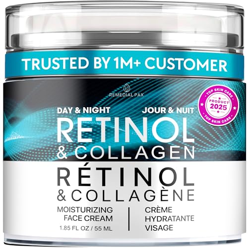 Face Moisturizer Retinol Cream, Anti Aging Neck Firming Cream, Collagen Day & Night Face Cream with Hyaluronic Acid for Women & Men, 1.85 Fl Oz