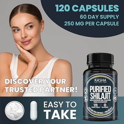 Kasha Purified Shilajit Capsules - 500mg/Serving - 50% Fulvic Acid - 120 Ct | Provide Antioxidants & Alleviate Painful Urination - Pure Himalayan, Made in Canada