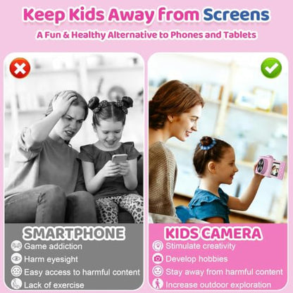 Kids Camera for Big Boys and Girls Flip Screen2.4+Telescopic Zoom 1080P Selfie Photo+Video Digital Camera for Age 5-12 with Cartoon Cover & SD Card Gift Best Chritmas Birthday Festival Gift(Pink)