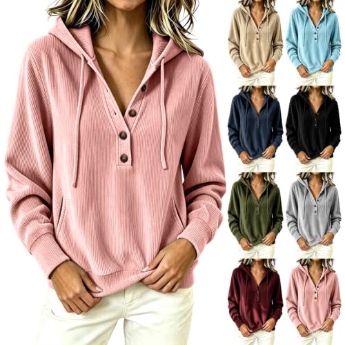Women's Corduroy Hoodies Long Sleeve Half Button Oversized Sweatshirts Pink