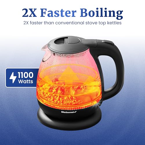Elite Gourmet EKT1001 Electric BPA-Free Glass Kettle, Cordless 360° Base, Stylish Blue LED Interior, Handy Auto Shut-Off Function – Quickly Boil Water For Tea & More, Black, 1L
