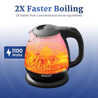 Elite Gourmet EKT1001 Electric BPA-Free Glass Kettle, Cordless 360° Base, Stylish Blue LED Interior, Handy Auto Shut-Off Function – Quickly Boil Water For Tea & More, Black, 1L