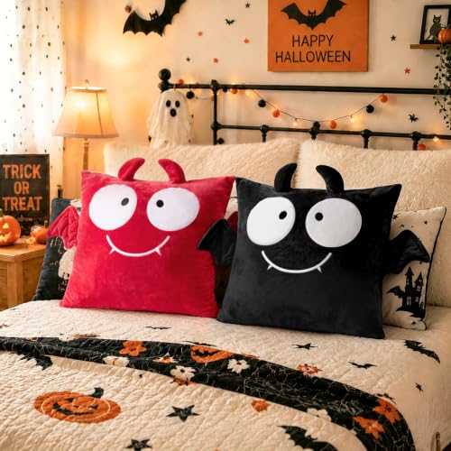 AELS Halloween Cute Monster Pillow Covers 18x18 Inch, Set of 2, Plush Spooky Throw Pillow Covers, Soft Decorative Cushion Cases for Couch Sofa Bedroom, Gothic Halloween Home Decor, Black and Red