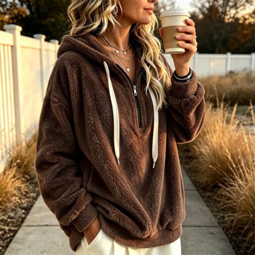 Zip Up Hoodie Hoodies for Women Fall Warm Jacket with Pocket Brown