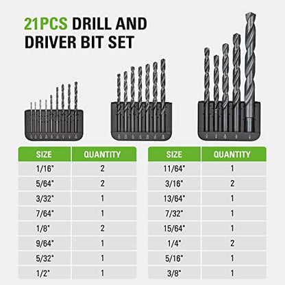 Greenworks 21 Pcs Black Oxide Drilling Bit Set,135 Degree Split Point, Black Oxide Coated, for Plastic, Wood and Metal