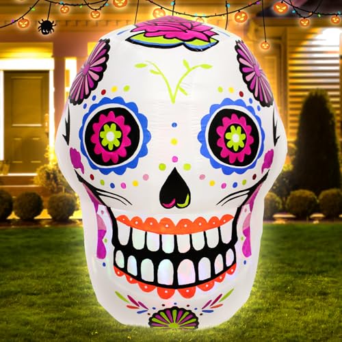 4ft Halloween Inflatable Sugar Skull Blow up Outdoor Decorations with LED