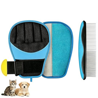 UPEOXT Pet Hair Remover Glove and Grooming Comb Set, Electrostatic Dog Cat Fur Cleaning Tool, Reusable Magic Brush for Furniture Carpet Clothes, 2 Pcs