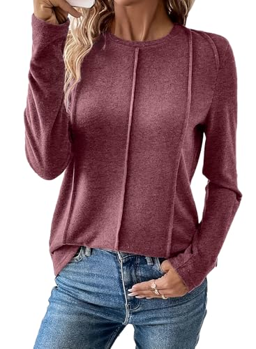 EVALESS Womens Tops Blouses Dressy for Women 2024 Trendy Summer Fall Dressy Casual Long Sleeve Blouses Solid Color Loose Round Neck Pleated Basic T Shirts Outfits,Red Dahlia Medium