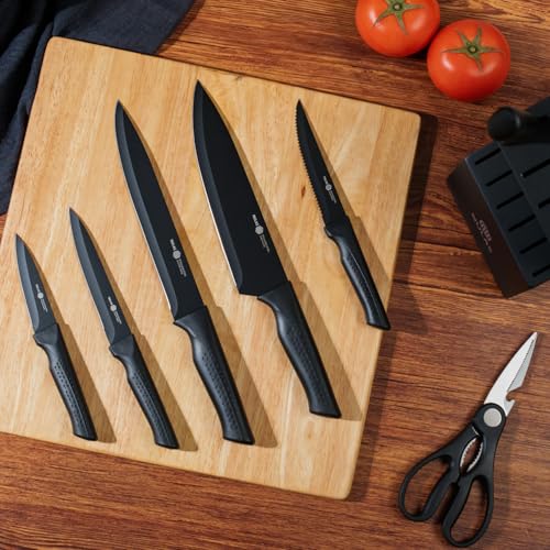 Knife Set, 15 Piece Kitchen Set with Block, Self Sharpening, Dishwasher Safe, 6 Steak Knives, Anti-Slip Handle, Black