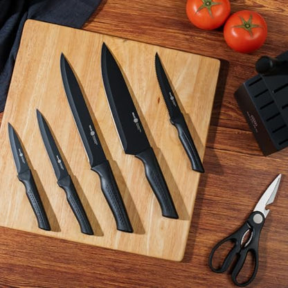 Knife Set, 15 Piece Kitchen Set with Block, Self Sharpening, Dishwasher Safe, 6 Steak Knives, Anti-Slip Handle, Black