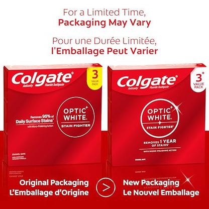 Colgate Optic White Stain Fighter Dentifrice blanchissant, Gel menthe fraîche - 90 ml, Paquet de 3