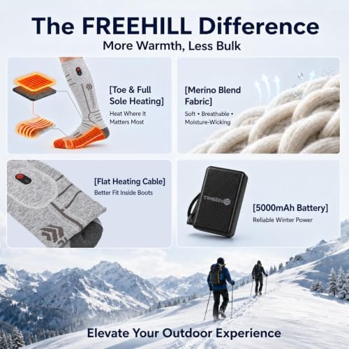 FREEHILL Merino Wool Rechargeable Heated Socks,Full Sole Heating(Grey,L)