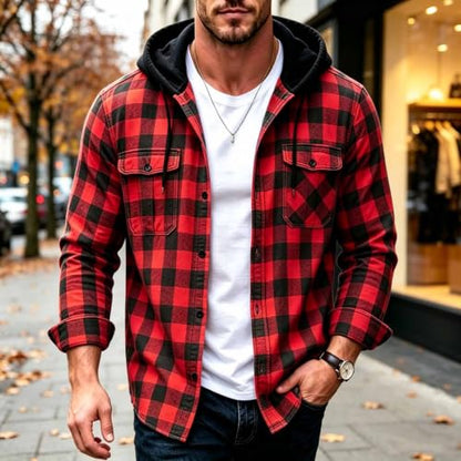 Hoodies for Men Plaid Graphic Hooded Button Down Jacket with Chest Pockets