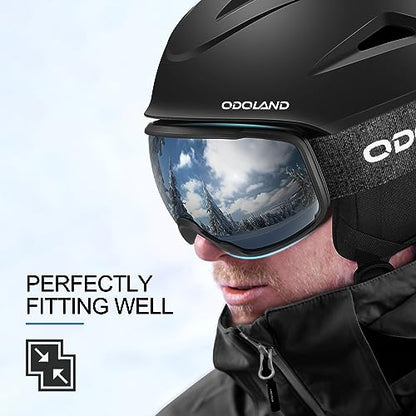 Odoland Ski Helmet, Snowboard Helmet with Ski Goggles for Skiing, Shockproof, Windproof, Safety Snow Sports Helmet and Protective Goggles for Men Women and Youth,Black, L