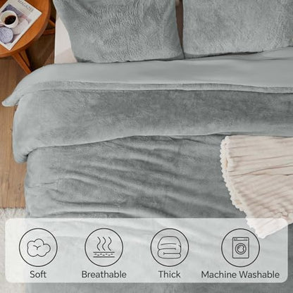 BEDELITE Faux Fur Queen Comforter Set Light Grey,Fluffy Bedding,2 Pillowcases
