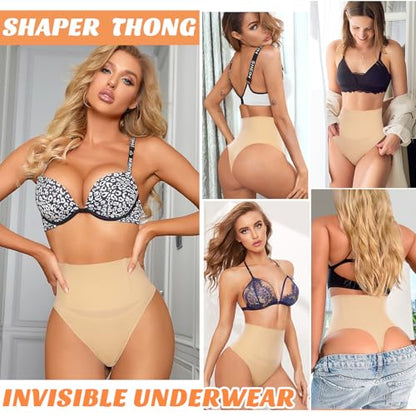 Riseholy Tummy Control Thong Shapewear for Women Body Shaper Underwear Seamless Waist Trainer Panties (#01 Beige,Large)