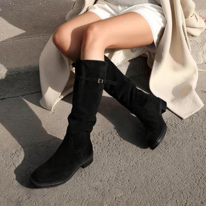 DREAM PAIRS Knee-High Buckle Strap Riding Boots,Black-Suede,7 | Round Toe Straight Shaft Knee-high Easy Pull-on Adjustable Metal Buckle 5mm Foam Insole Faux Suede & PU Leather Tall Boot