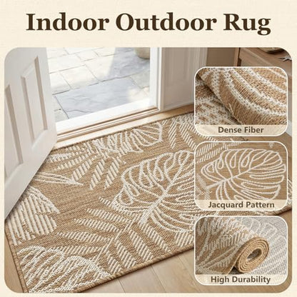 Montvoo-Outdoor Rug-Patio Rug Polypropylene Indoor Outdoor Rugs Carpet-Entryway Rug Porch Door Mats Rugs Small Accent for High Traffic Use Weave Design Quick Dry Easy Clean, Leaves Brown 2x3ft