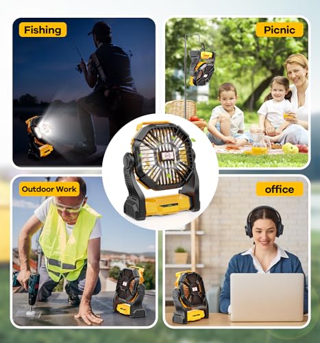 DOWILLDO 20000mAh Battery Operated Fan, Camping Fan Rechargeable with LED Light & Hooks, Portable Tent Fan Outdoor for Picnic, Barbecue, Fishing, Travel（Yellow）