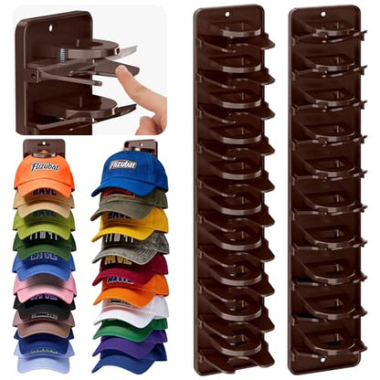 Spring Clip Hat Organizer for Baseball Caps – 2 Pack, Wall Hat Rack for Door & Closet – Keeps 20 Hats Tidy in Garage, Dorm, Man Cave – Multi-Layer Cap Storage (Brown)