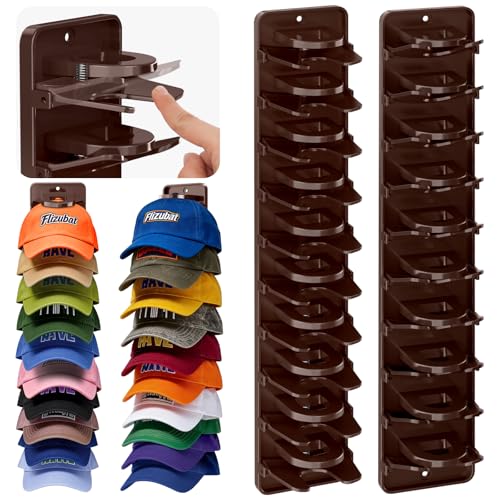 Spring Clip Hat Organizer for Baseball Caps – 2 Pack, Wall Hat Rack for Door & Closet – Keeps 20 Hats Tidy in Garage, Dorm, Man Cave – Multi-Layer Cap Storage (Brown)