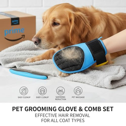 UPEOXT Pet Hair Remover Glove and Grooming Comb Set, Electrostatic Dog Cat Fur Cleaning Tool, Reusable Magic Brush for Furniture Carpet Clothes, 2 Pcs