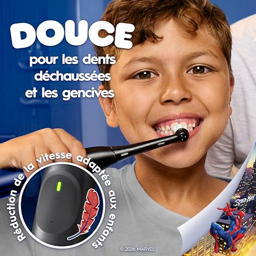 Oral-B iO Kids Rechargeable Electric Powered Toothbrush, Spiderman with 1 Gentle Care Brush Head - Automatic Pressure Sensor to Protect Gums - 3 Cleaning Settings - 2 Min Music Timer - 28 Day Battery Life
