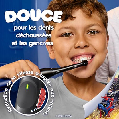 Oral-B iO Kids Rechargeable Electric Powered Toothbrush, Spiderman with 1 Gentle Care Brush Head - Automatic Pressure Sensor to Protect Gums - 3 Cleaning Settings - 2 Min Music Timer - 28 Day Battery Life