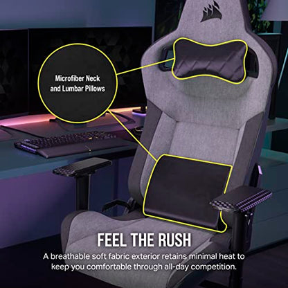 Corsair T3 Rush Fabric Gaming Chair (2023) – Racing-Inspired Design – Soft Fabric Exterior – Padded Neck Cushion – Memory Foam Lumbar Support – Adjustable Seat Height – Gray & Charcoal