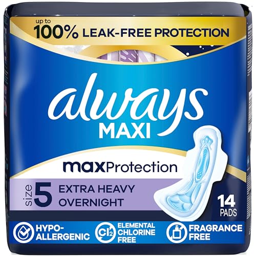 Always Maxi Pads, Extra Heavy Overnight Pad with Wings, Size 5, 14 Count