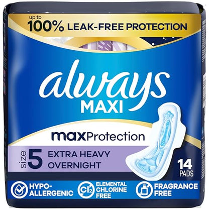 Always Maxi Pads, Extra Heavy Overnight Pad with Wings, Size 5, 14 Count