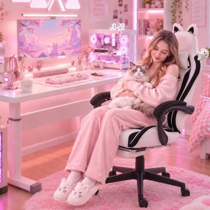 Dowinx Cat Ear Gaming Chair for Adults, Ergonomic Computer Chair with Massage Lumbar Support, Reclining Gamer Chair with Footrest and Headrest, 290 lbs