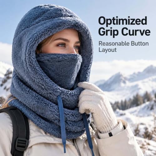 3 in 1 Winter Hooded Hat for Women Fleece Balaclava Face Mask Blue