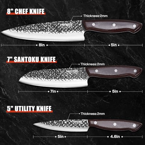 Topfeel Chef Knife 3PCS, High Carbon Hand Forged Stainless Steel Japanese Knife Sets, Ultra Sharp Professional Kitchen Knife Sets with Wood Ergonomic Handle