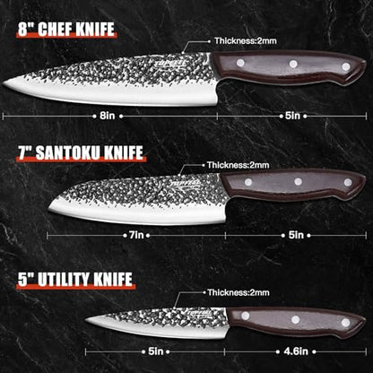 Topfeel Chef Knife 3PCS, High Carbon Hand Forged Stainless Steel Japanese Knife Sets, Ultra Sharp Professional Kitchen Knife Sets with Wood Ergonomic Handle