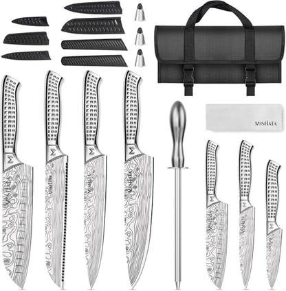 MOSFiATA Kitchen Knife Set, 12 Pcs Japanese Stainless Steel Knife Sets for Kitchen with Oxford Cloth Storage Bag with Knife Sharpening Rod, Dishwasher Safe, for Outdoor