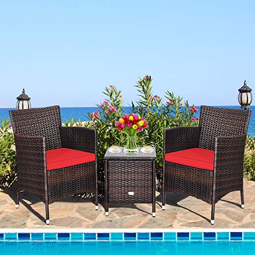 Happygrill 3 Piece Patio Conversation Set Rattan Wicker Furniture Set with Coffee Table Chairs & Thick Cushions Outdoor Bistro Sets for Patio Garden Lawn Backyard Pool