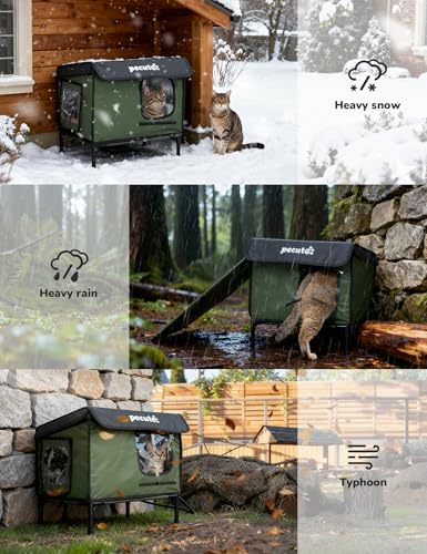 Pecute Heated Outdoor Cat House, Weatherproof Insulated Shelter | 6-layer insulation, 2 Exits, Reinforced Metal Frame, Adjustable Canopy, Washable Pad, For Feral Cats, Porch, Barn, Winter