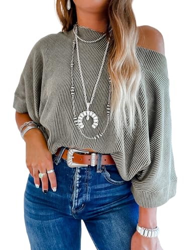 EVALESS Women's Sexy Off The Shoulder Tops 3/4 Length Sleeve Tops Casual Crewneck Batwing Sleeve One Shoulder Shirts Spring Summer 2026 Knitted T Shirts Gray Large