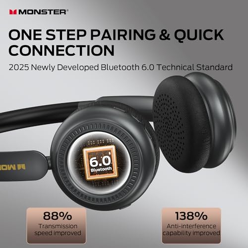 Monster N-Tune MINI 01 Bluetooth Headphones Over Ear, Active Noise Cancelling Headphones, Bluetooth 6.0 Wireless Headphones with Speed Charge, HiFi Stereo Audio, 50H Playtime, Black