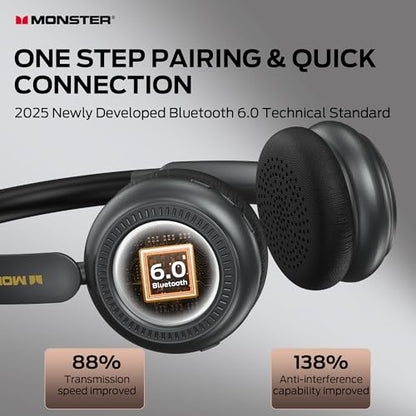 Monster N-Tune MINI 01 Bluetooth Headphones Over Ear, Active Noise Cancelling Headphones, Bluetooth 6.0 Wireless Headphones with Speed Charge, HiFi Stereo Audio, 50H Playtime, Black