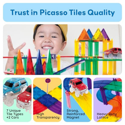 PicassoTiles 100 Piece Race Track Set, Magnetic STEM Toy, LED Cars, Ages 3+