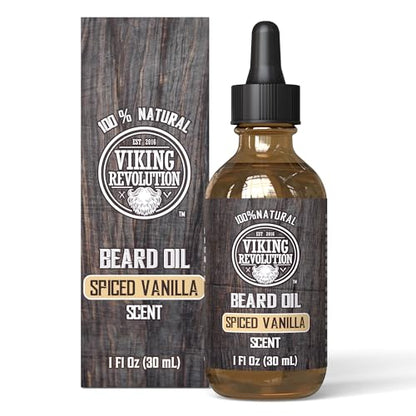 Viking Revolution Beard Oil - Spiced Vanilla - 1 fl oz | 100% Natural Ingredients - Formulated with Argan Oil & Jojoba Oil - Softens Rough Hair & Hydrates Skin - Spiced Vanilla Scent